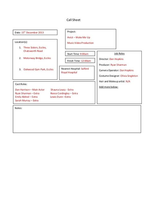 Call Sheet - Music Video Production