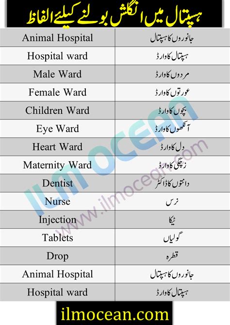 Medical And Hospital English Vocabulary With Urdu Meanings