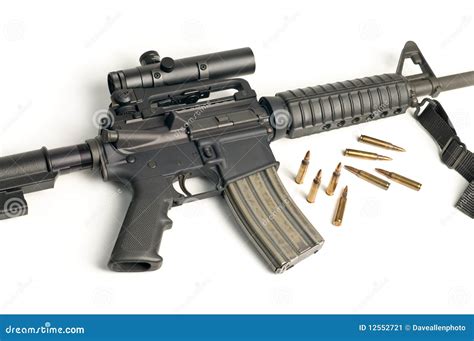 Assault Rifle With Scope & Bullets On White Stock Image - Image of lethal, battle: 12552721