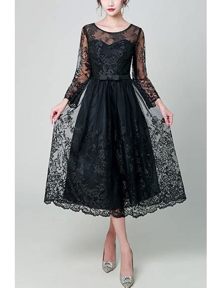 Illusion Long Sleeves Black Lace Party Dress Tea Length J1819