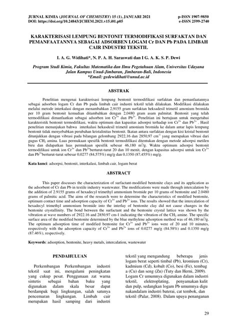 PDF KARAKTERISASI LEMPUNG BENTONIT TERMODIFIKASI SURFAKTAN DAN