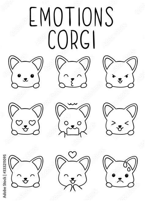 Coloring pages, black and white cute kawaii hand drawn emotions corgi ...