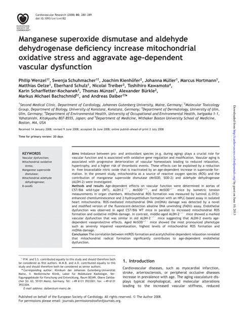 Pdf Manganese Superoxide Dismutase And Aldehyde Dehydrogenase