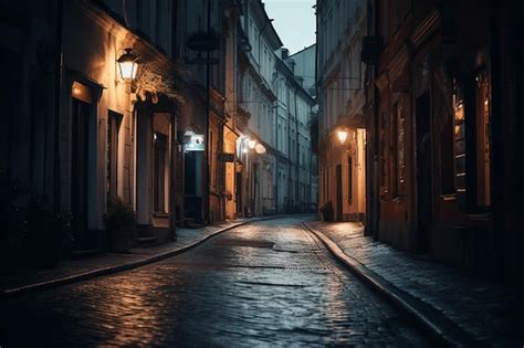 Premium AI Image | An empty european street at night