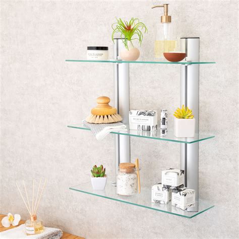 Decorative Wall Mount 3 Tier Adjustable Glass Wall Shelves On Aluminum