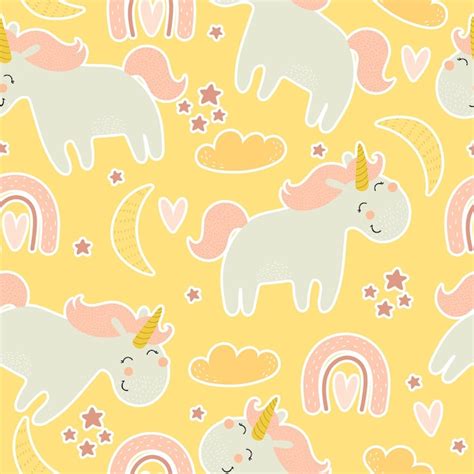 Premium Vector Seamless Pattern With Cartoon Unicorns Rainbows Clouds