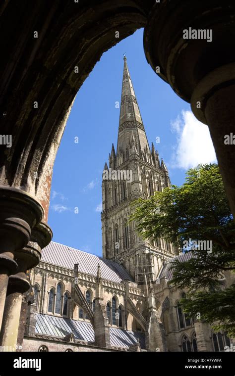 Salisbury Cathedral Spire From The Cloisters Wiltshire England Stock