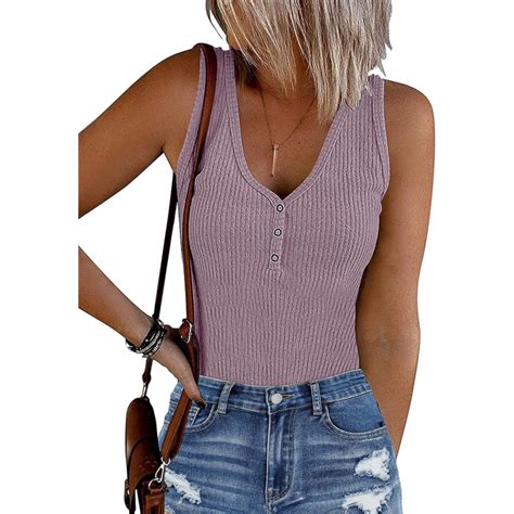 MEROKEETY Womens 2023 Ribbed Button V Neck Bodysuits Sleeveless Slim