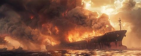 burning ship  sea digital illustration premium ai generated image
