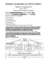 Wlas Q Esp Week Pdf Weekly Learning Activity Sheet Edukasyon Sa