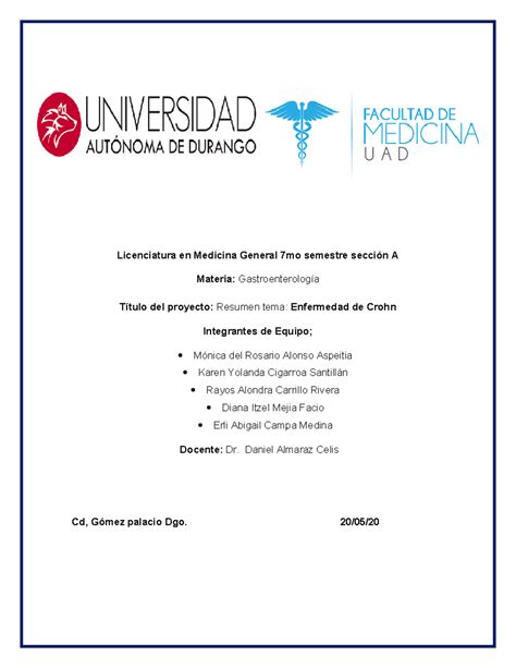 Resumen Enfermedad DE Crohn Licenciatura En Medicina General 7mo