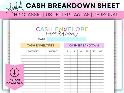 Printable Cash Envelope Breakdown Sheet Printable Cash Denomination