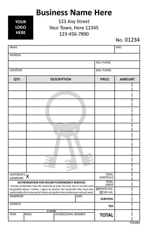 Custom Locksmith Work Order Invoice TMG083 CompuPrint USA