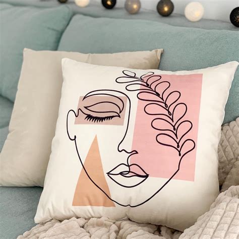 Abstract Face Art Pillow Cover Organic Shapes Design Pillow Cover Beige