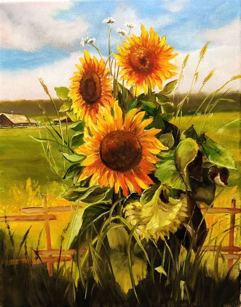 Sunflowers. Original Oil Painting on Canvas. Landscape Painting Village ...