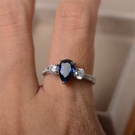 Blue Gemstone Ring Lab Blue Sapphire Ring Wedding Ring Pear Cut Ring