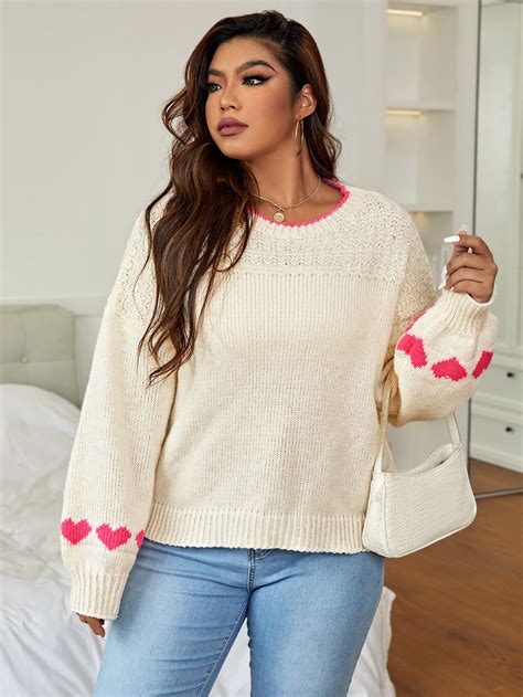 Shein Qutie Plus Heart Pattern Drop Shoulder Sweater Shein Usa