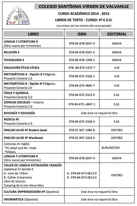 Colegio Virgen De Valvanuz Libros Educaci N Secundaria Curso