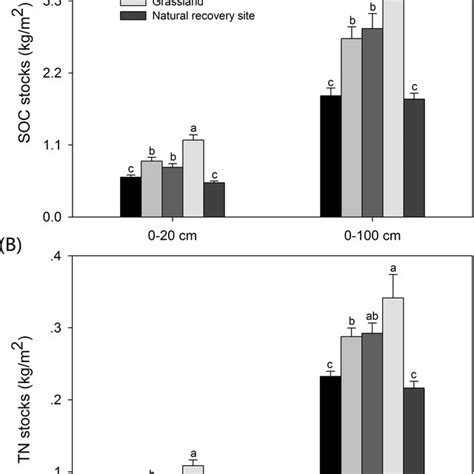 A Soil Organic Carbon Soc And B Total Nitrogen Tn Stocks Kg M