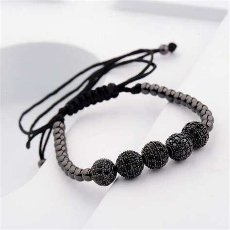 Pulsera negra con bolas de circonia cúbica para hombre y mujer