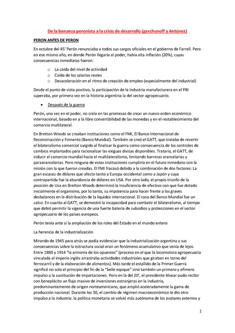 Segundo Parcial Historia De La Bonanza Peronista A La Crisis De