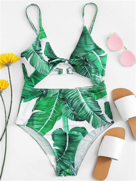 Shein Knot Cutout Front Tropical Swimsuit Plaj Modası Plaj