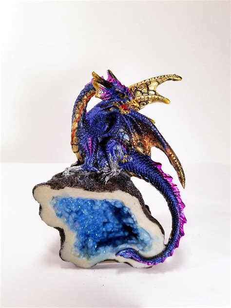 Blue Multi Color Dragon Figurine on a Resin Crystal Geode | Etsy