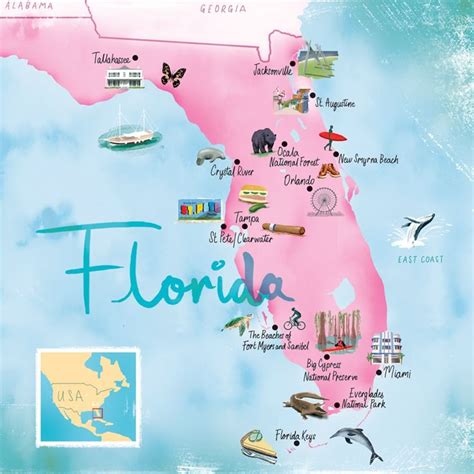 florida illustrated map map  florida orlando florida vacation