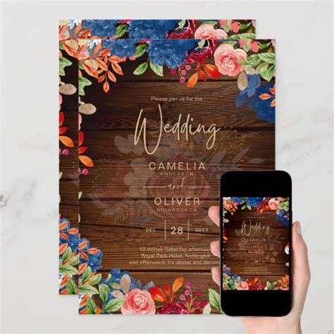 Rustic Burgundy Blue Floral Wedding Invitation | Zazzle