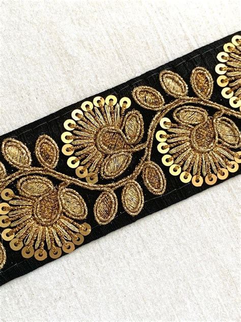 Black Embroidered Raw Silk Trim Gold Sequins Embellished Golden Thread