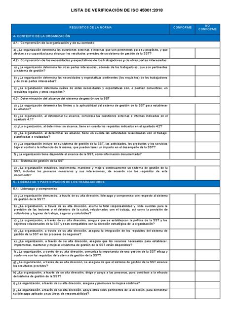 Lista De Verificación Iso 450012018 Pdf Planificación Evaluación