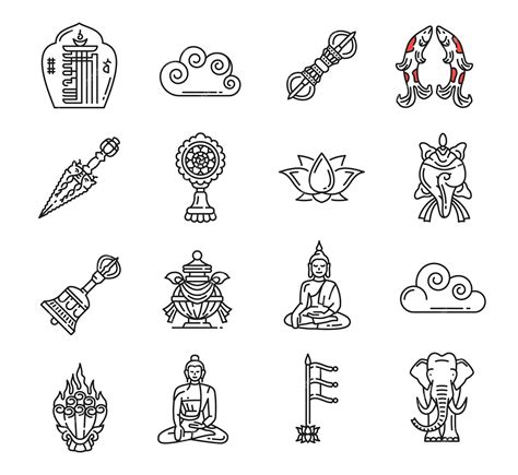 Premium Vector | Buddhism religion icons Buddha symbols and buddhist dharma wheel vector Tibet ...