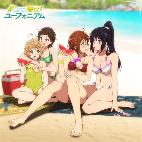 Rule 34 4girls Beach Bikini Blush Crossed Legs Female Female Only Hibike Euphonium Hug Katou