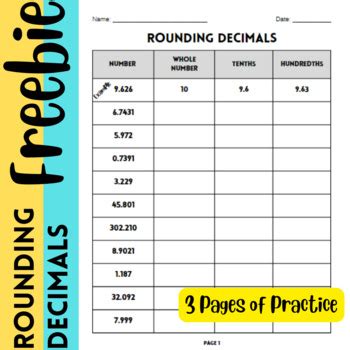 Free Rounding Decimals To The Nearest Whole Number Tenth Hundredth