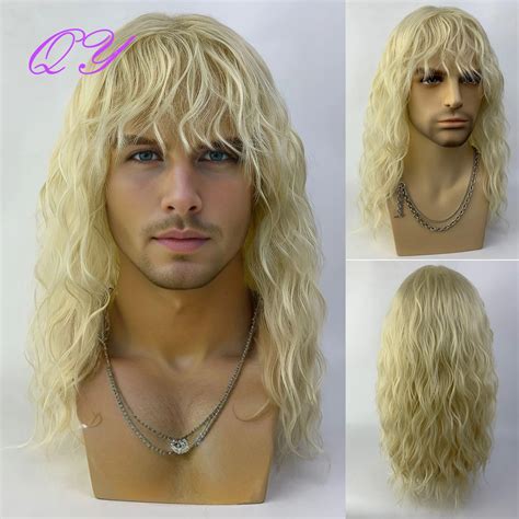 Synthetic Male Wig Natural Curly Blonde Color Man Wig With Bangs Water Wave Daily Or Cosplay