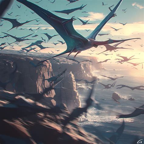 Spectacular Flight Quetzalcoatlus Soars Above Ocean Cliffs Stock