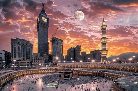 Premium Photo The Minarets Of The Meccan Kaaba With Moon