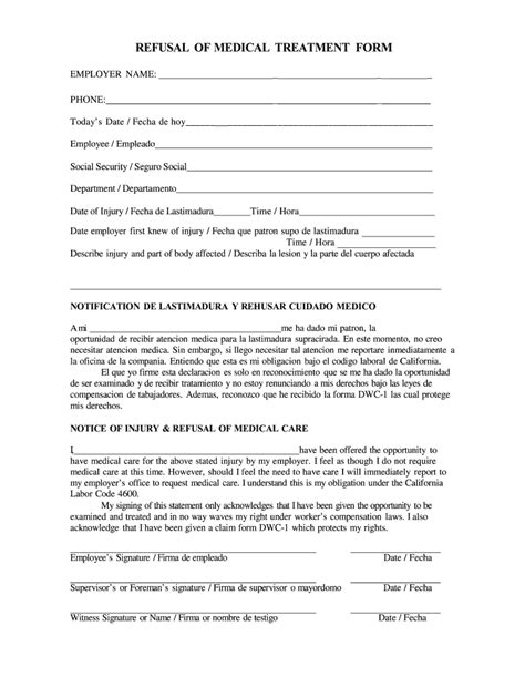 Printable Refusal Of Medical Treatment Form Printable Forms Free Online