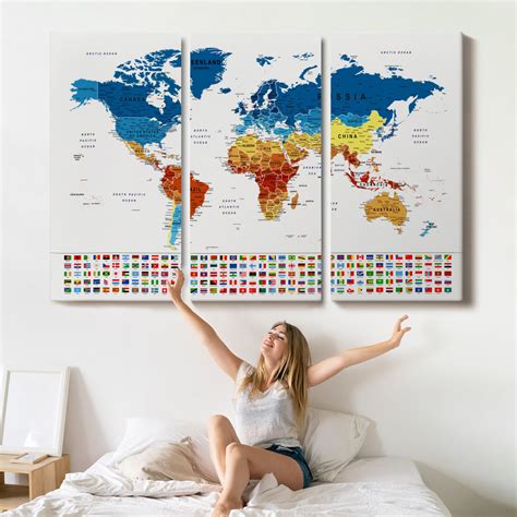 Push Pin World Map With Country Flags, Colorful World Map Print, Travel ...