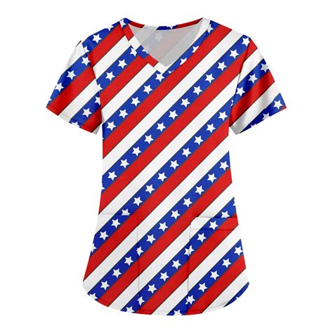 UoCefik 4th Of July Womens Scrubs Plus Size Short Sleeve Star Striped