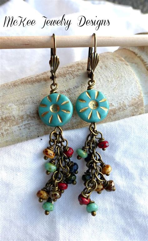 Teal Czech Glass Flower Earrings With Czech Glass Dangle McKee Jewelry