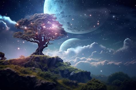 Premium Photo Fantasy Landscape With A Tree And Full Moon Ai Generated