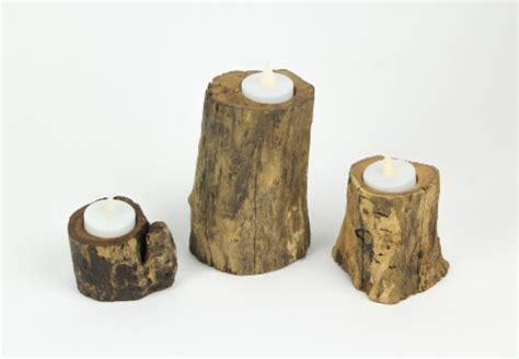 Set Of 3 Natural Gamal Branch Wooden Single Tealight Candle Holders