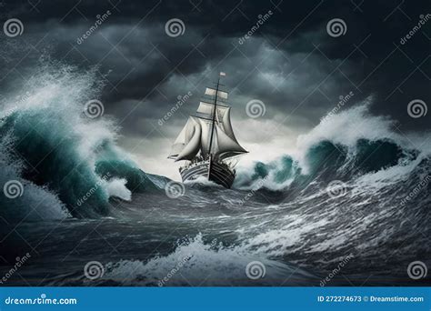 Sailing Ship In A Giant Storm With Crashing Waves Sailing Boat Inside