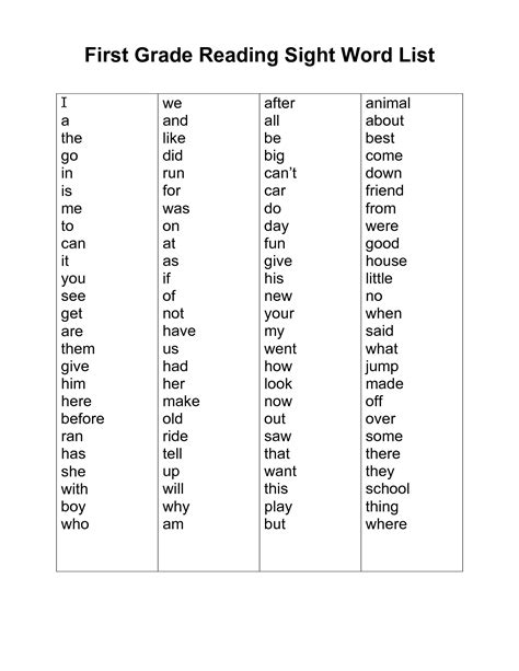 Sight Word List For 1st Grade