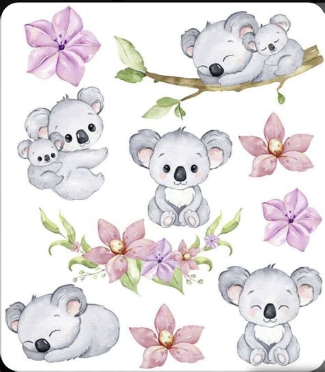 Watercolor Koalas And Flowers On A White Background