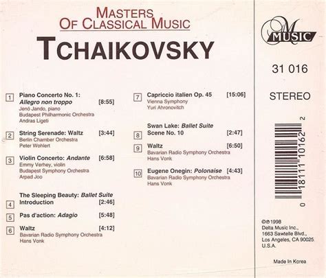 Masters Of Classical Music Vol6 Tchaikovsky De Pyotr Ilyich Tchaikovsky 1998 Cd M Music 8