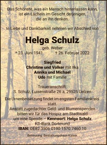 Traueranzeigen Von Helga Schulz Az Trauer De