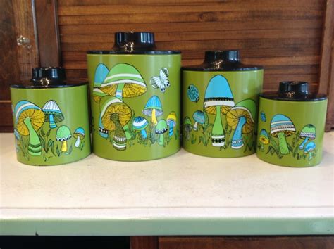 Vintage 70s Mushrooms 4 Canister Set Metal With Plastic Lids By