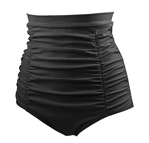 COCOSHIP Black Women S Retro Solids High Waisted Bikini Bottom Ruched